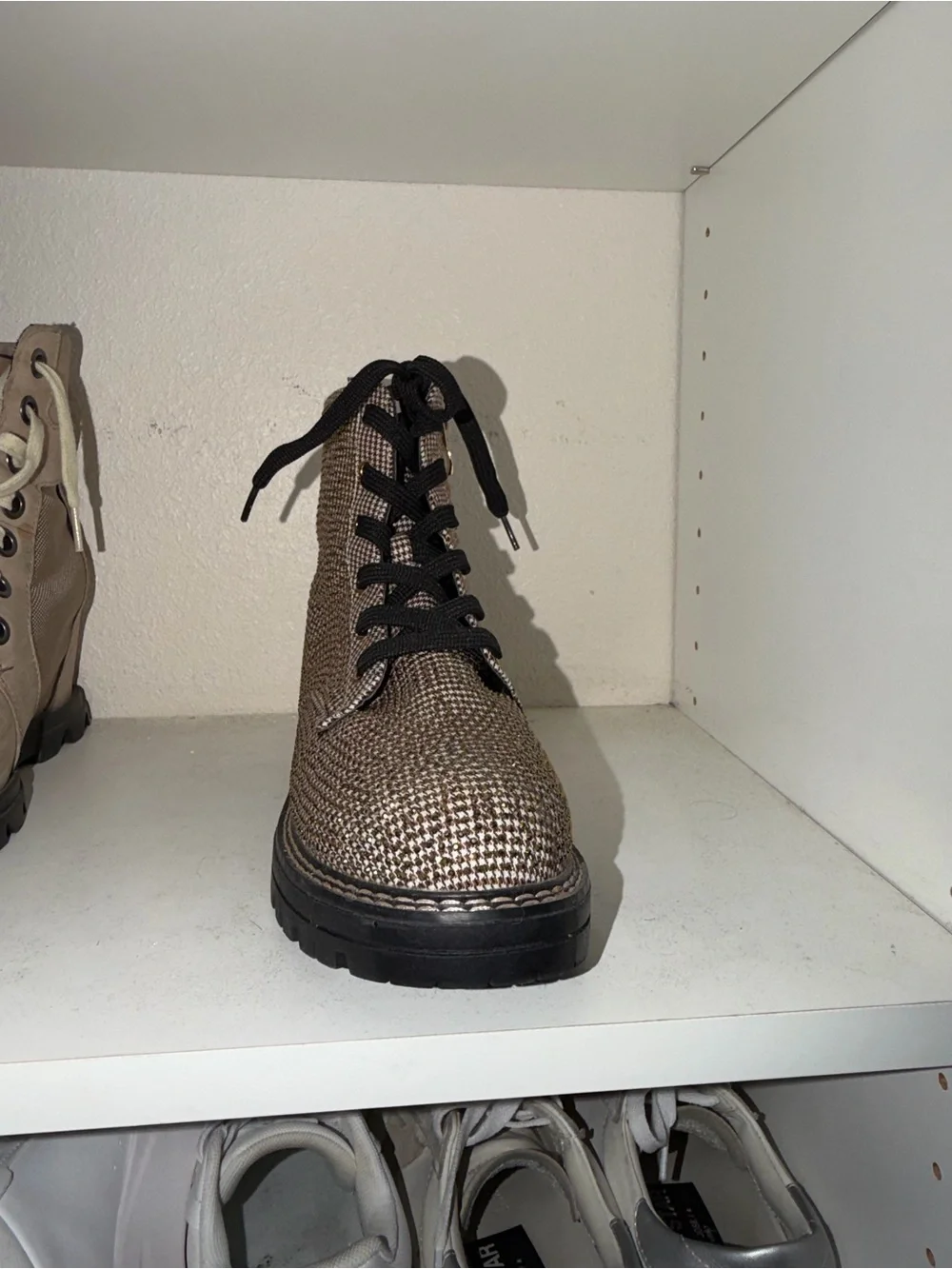 Kurt Geiger Woven Knit Lace-Up Boots in Black and Tan